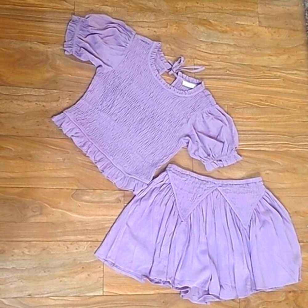 Lavendar Matching Set Smocked Top Skirt Feminine Frilly Boho Outfit
